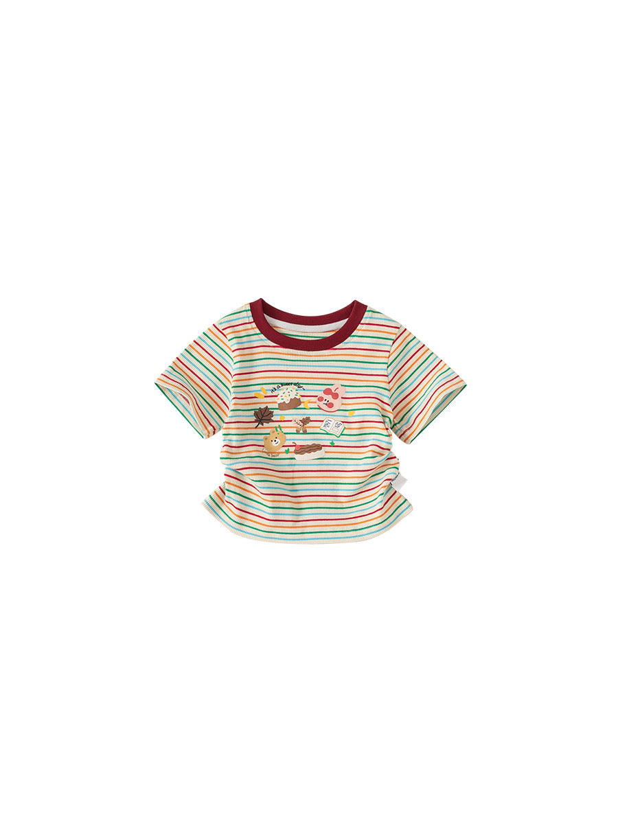 Children's Short-sleeved Contrast Color Round Neck Top Colorful Striped Cartoon Printed Children's T-shirt