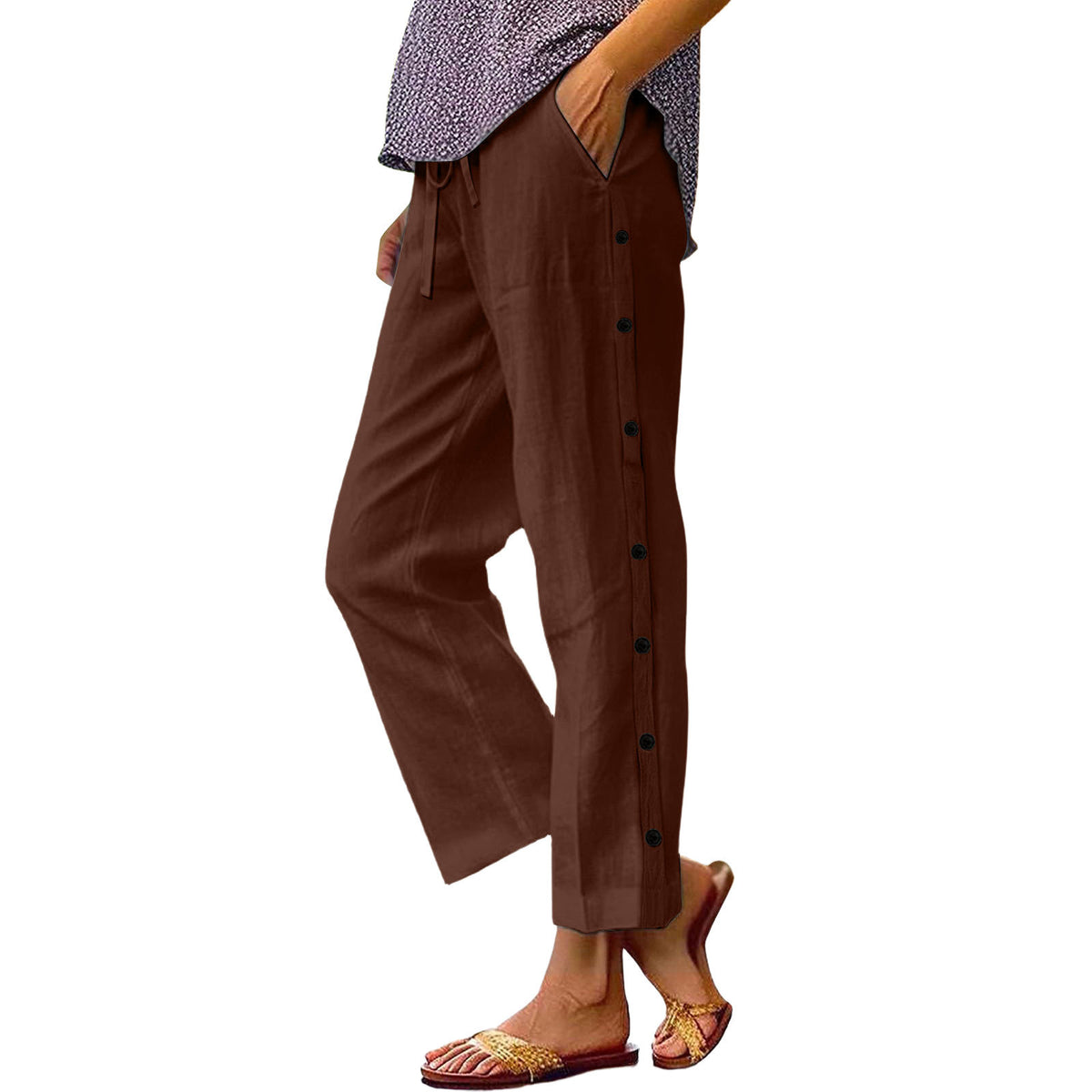 Women's Cropped Side Seam Decorative Buckle Pocket High Waist Pants