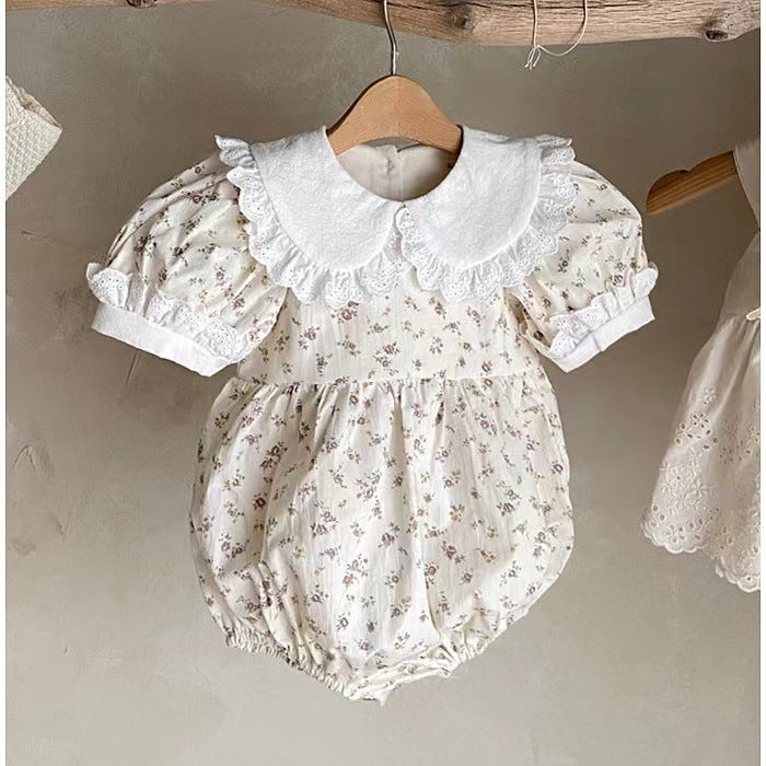 Style Lace Lapel Floral Short Sleeve Princess Going Jumpsuit, Climbing Suit