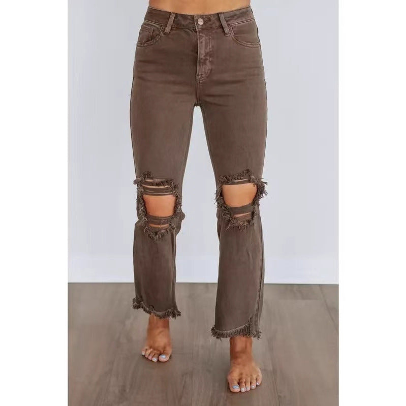 Women's Retro High Waist Skinny Knee Ripped Frayed Washed Street Women's Jeans