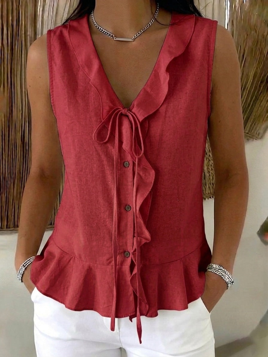 Women's Collar Ruffled Tied Sleeveless Hem Ruffles Women's T-shirt