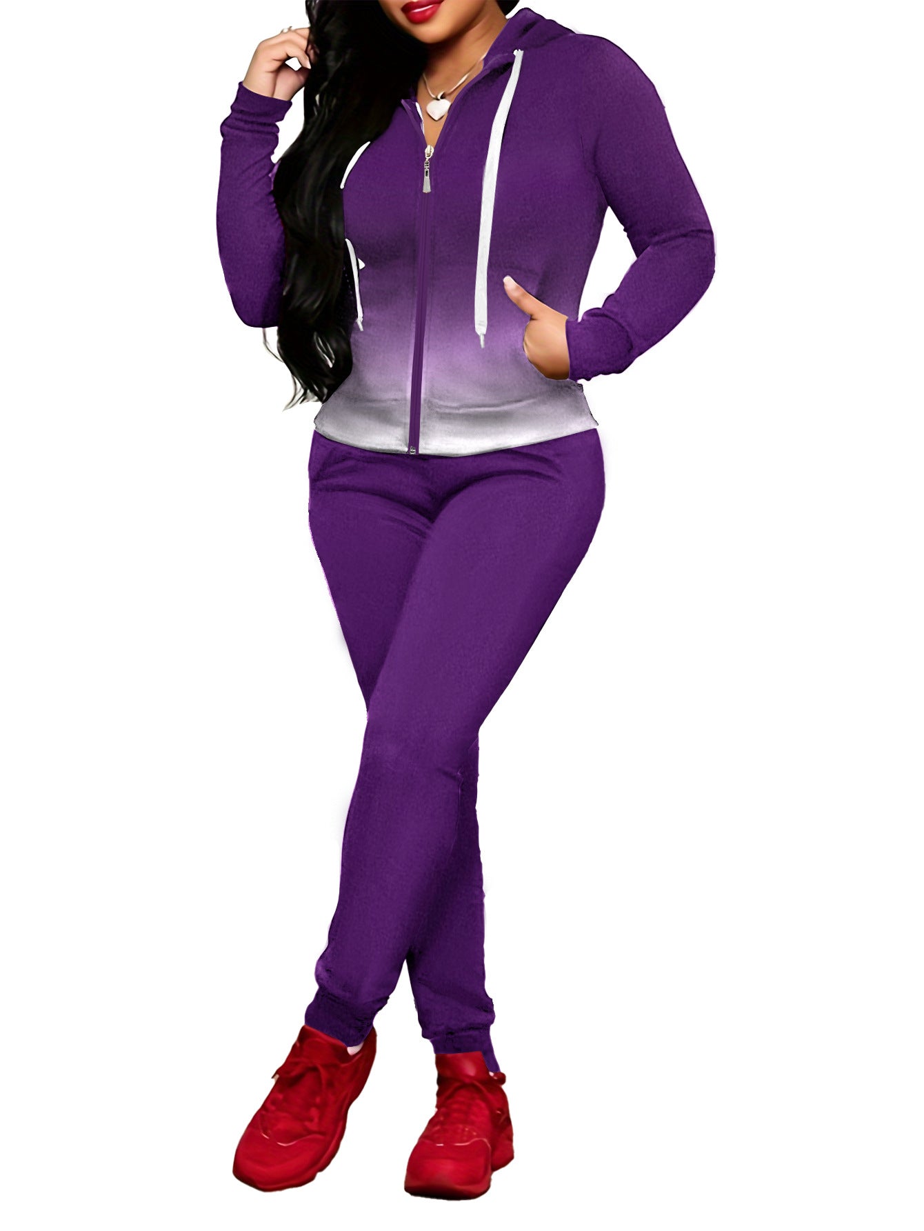 Women's Round Neck Zipper With Trousers Two-piece Set Suits