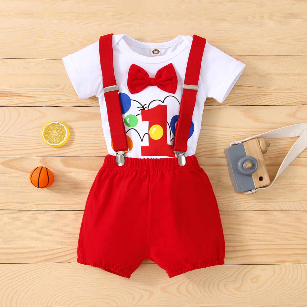Boys Carrier Strap Short-sleeved Birthday Clothes Bow Print Romper Two-piece Jumpsuit, Climbing Suit