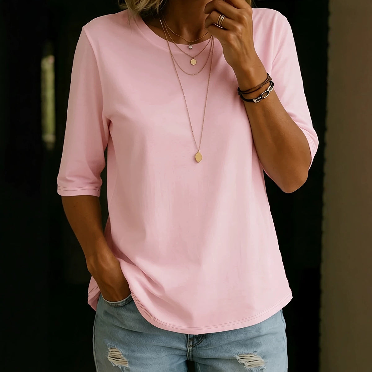 Women's Casual Round Neck Shoulder Half Sleeve Women's T-shirt