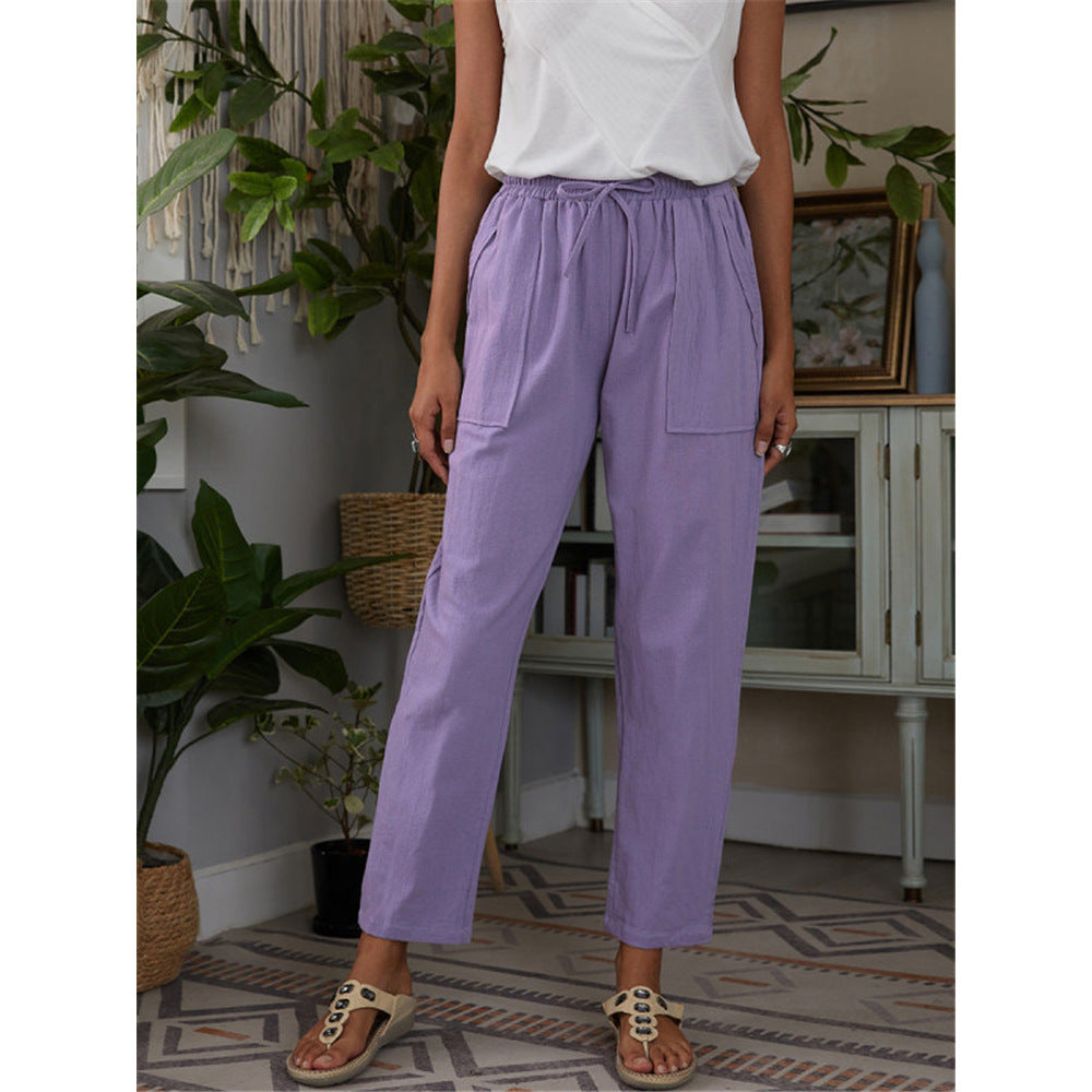 Women's Solid Color Large Pocket Elastic Waist Cotton Linen Casual Pants