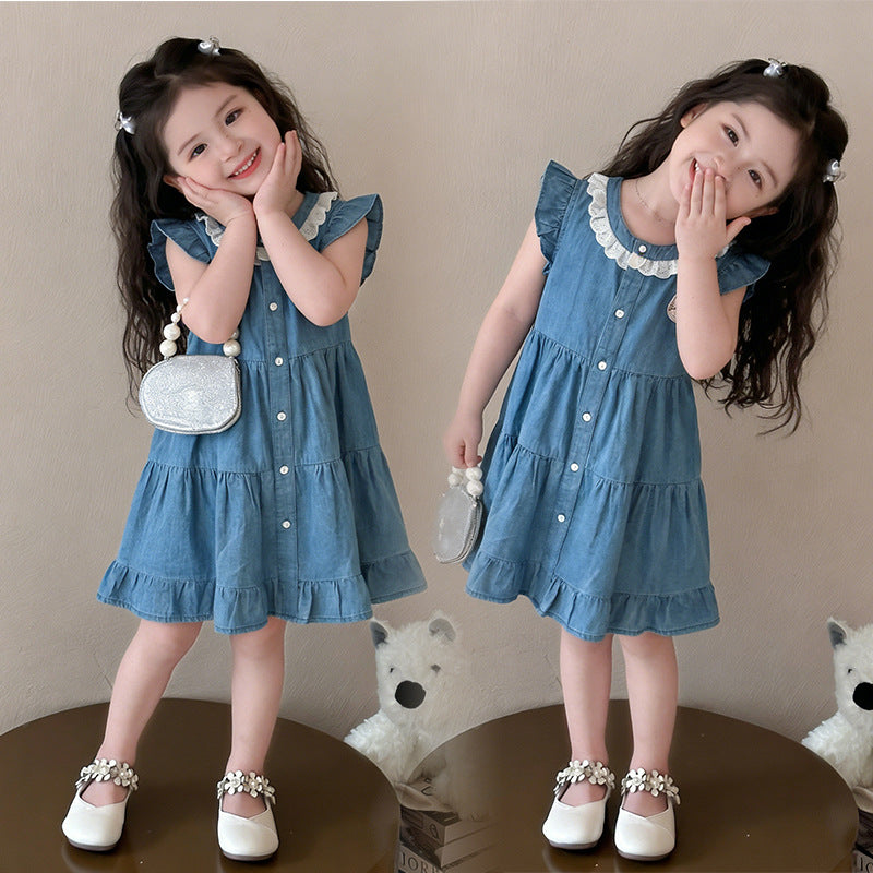 Children's Summer Fashionable Short Sleeve Korean Style Denim Skirt Cute Children's Dress