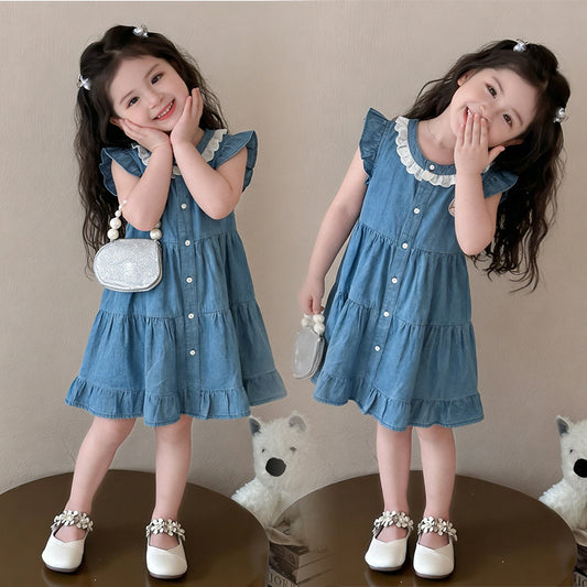 Children's Summer Fashionable Short Sleeve Korean Style Denim Skirt Cute Children's Dress