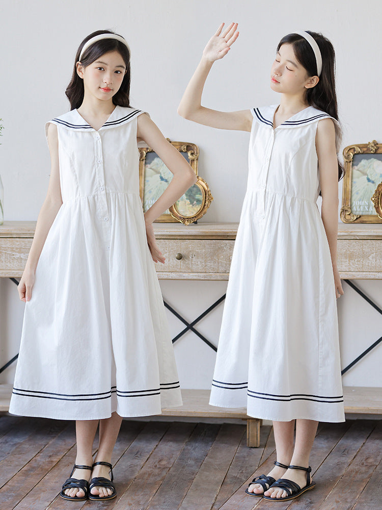 Children's Medium Large Dresses Summer Sailor Collar Skirt Artistic Children's Dress