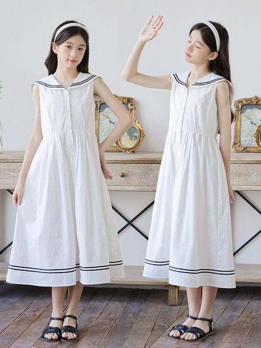 Children's Medium Large Dresses Summer Sailor Collar Skirt Artistic Children's Dress