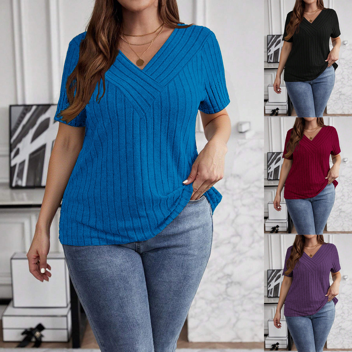 Spring Sleeve Brushed Sunken Stripe Solid Color Large Size T-shirt
