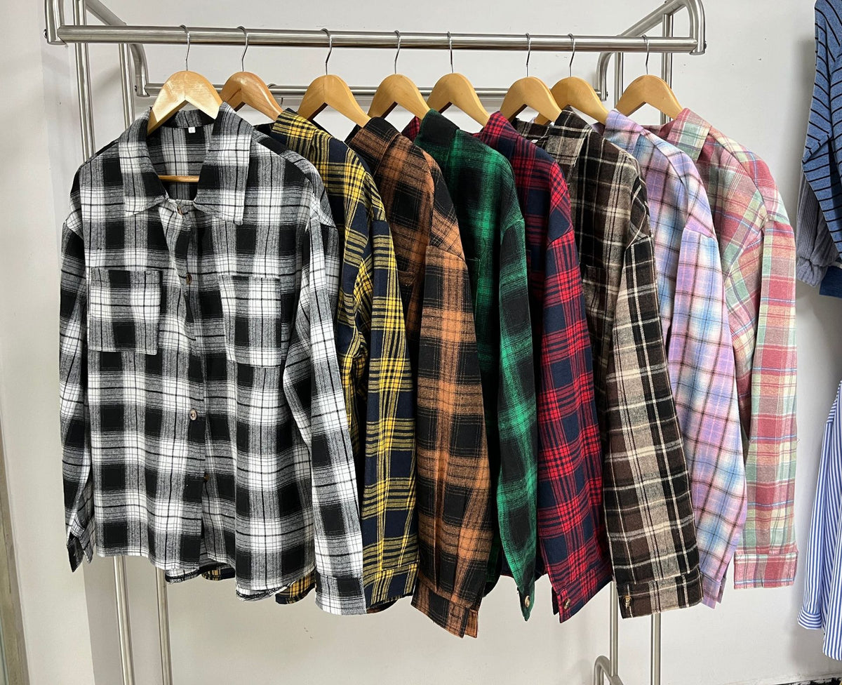 Women's Lapel Long Sleeve Pocket Button Plaid Shirt Tops