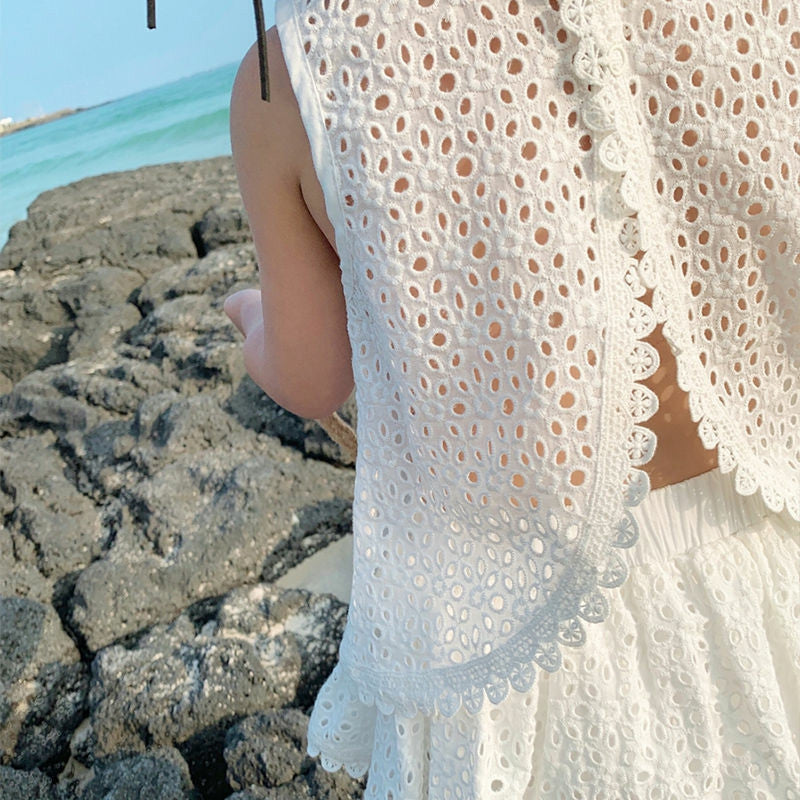 Summer Western Style Cool Popular Korean Hollow Lace Vest Short Children's Suit