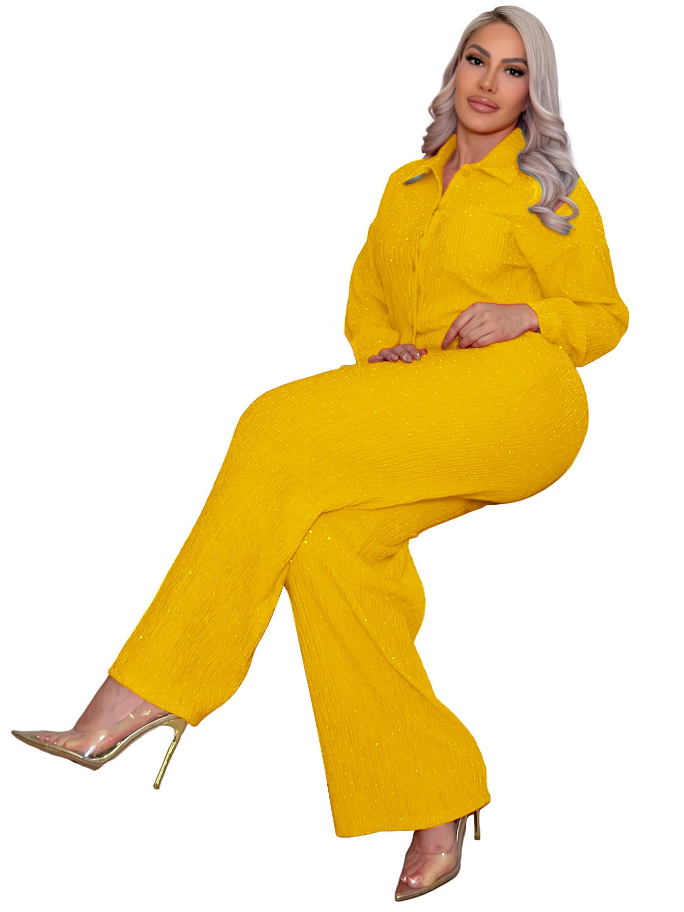 Women's Rhinestone Pleated Long-sleeved Lapel Shirt Trousers Fashion Casual Suit