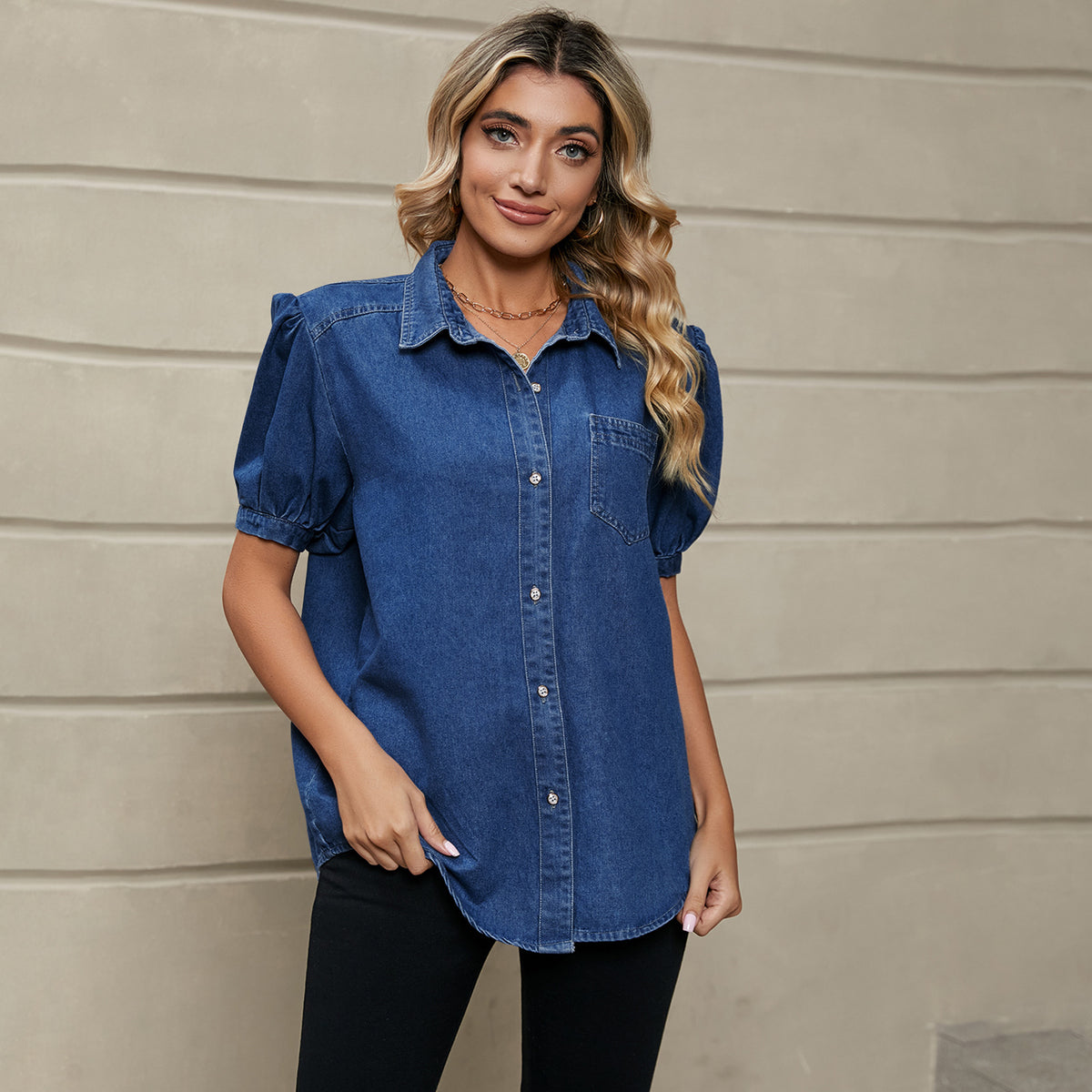 Women's Princess Sleeves Lapel Thin Denim Shirt Casual Tops