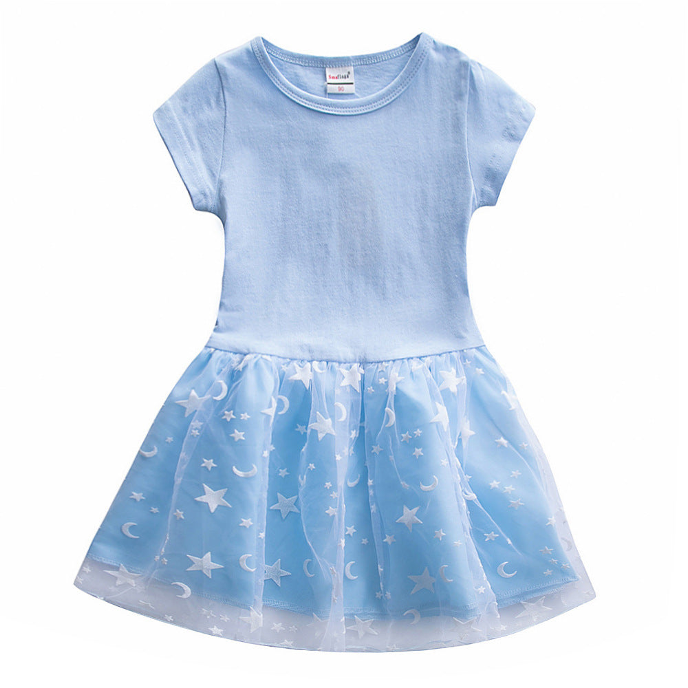 Children's Summer Short-sleeved Solid Color Tulle Little Children's Dress