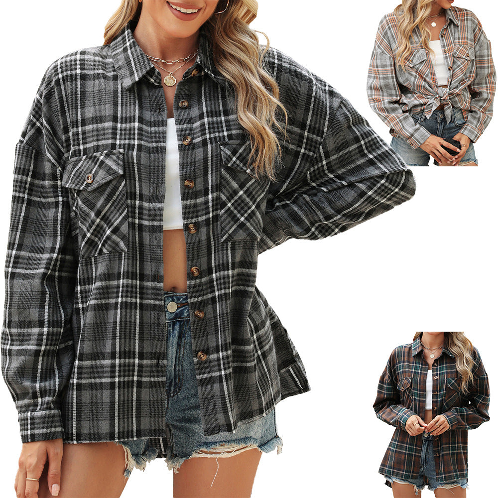 Women's Pocket Loose Long Sleeve Plaid Shirt Blouse