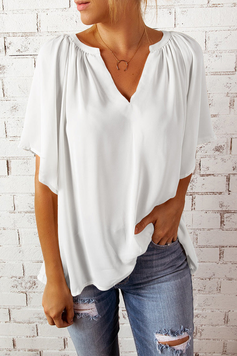 Women's Summer Loose Half Sleeve T-shirt Pullover Lace Shirt, Chiffon Shirt