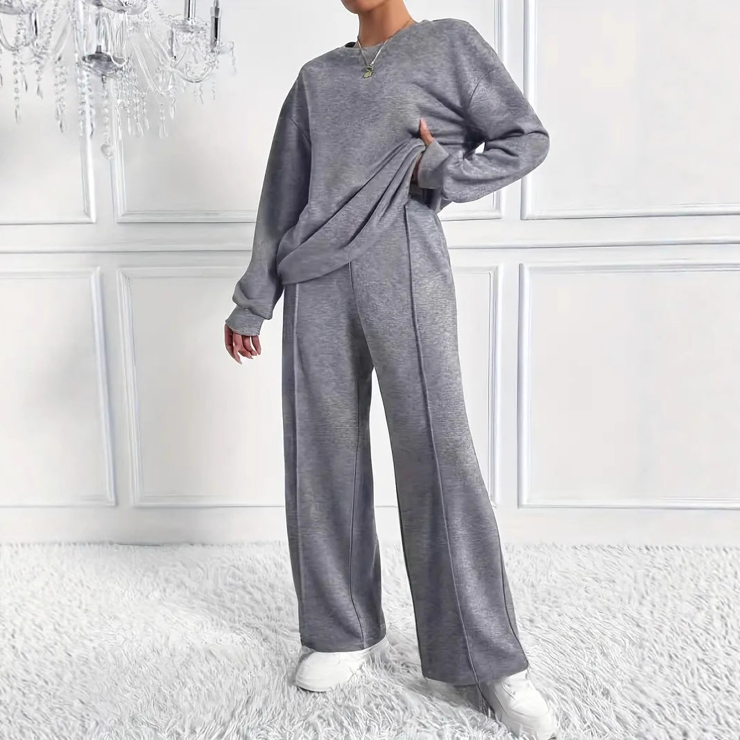 Women's Solid Color Round Neck Long-sleeved Trousers Fashion Casual Suit