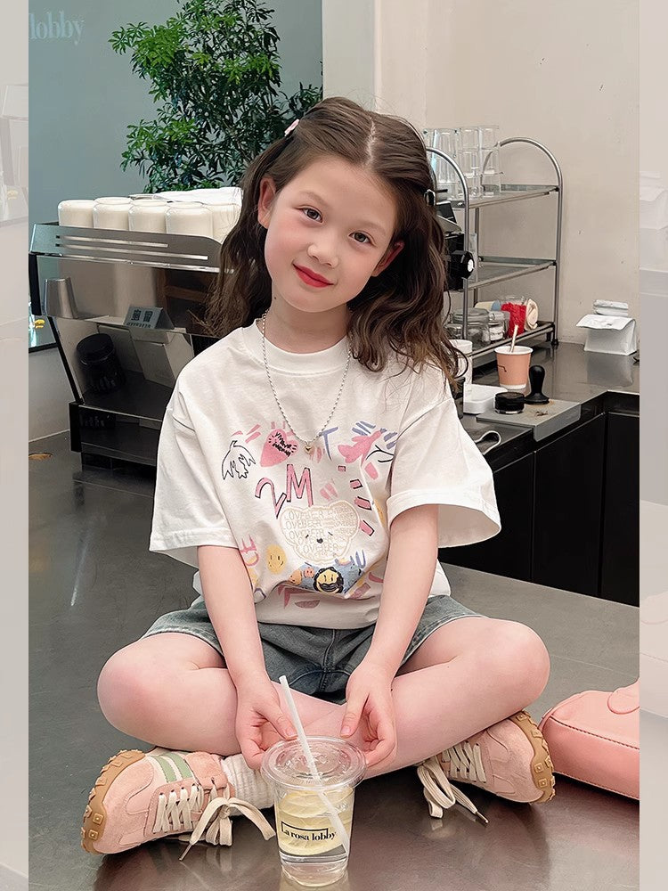 Children's Teenager Clothing Korean Style White Fashionable Short Children's T-shirt