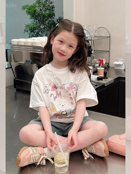 Children's Teenager Clothing Korean Style White Fashionable Short Children's T-shirt