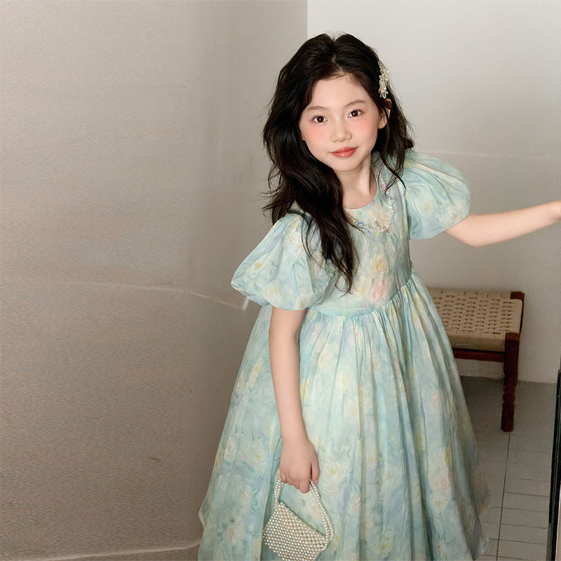 Summer Fresh Puff Sleeve Lightweight Large Children's Dress