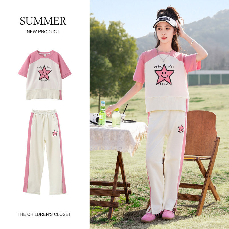Children's Medium Large Casual Knitted Short Sleeve Trousers Children's Suit