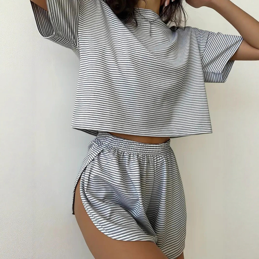 Women's Simple Elastic Waist Comfortable Home Striped Sleeve Fashion Casual Suit