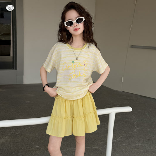 Summer Clothing Middle Big Sweet Stripes T-shirt Lace Skirt Short Children's Suit