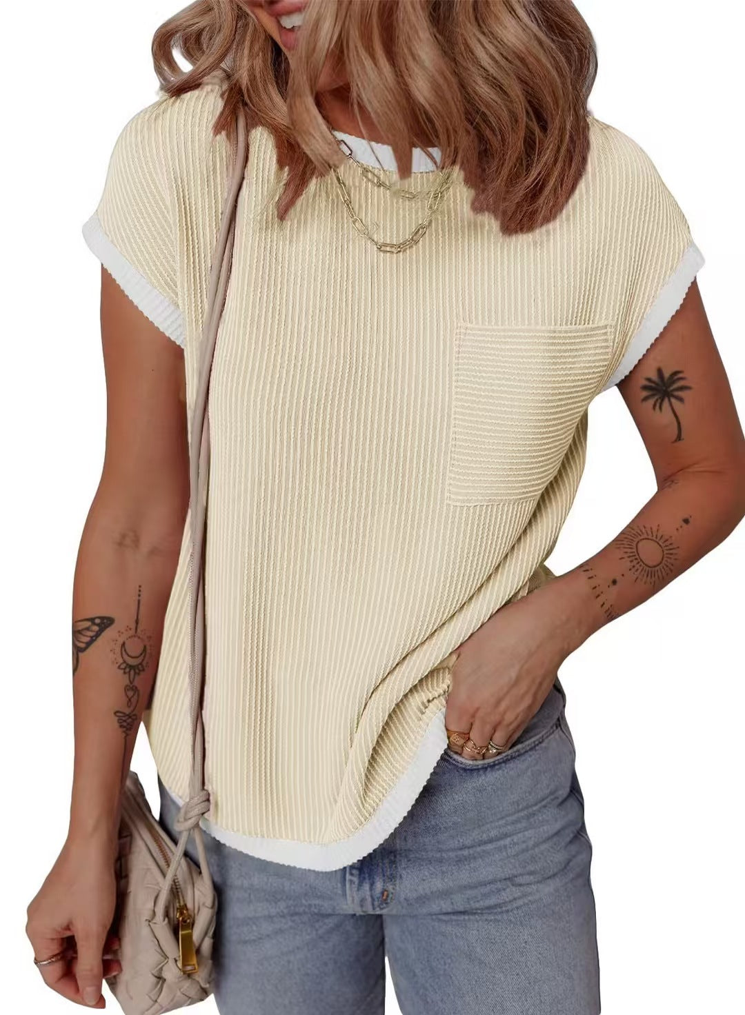 Women's Round Neck Knitted In Contrast Color Casual Twist Women's T-shirt