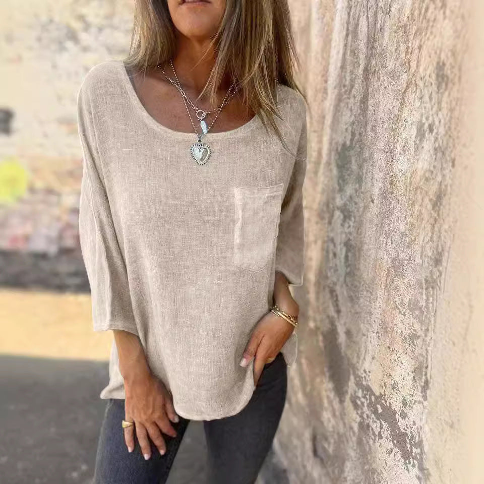 Women's Casual Fashion Cotton Linen Solid Color With Pockets Women's T-shirt