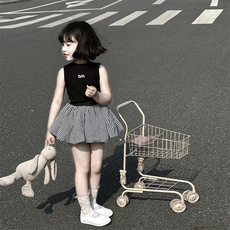 Children's Summer Letters Vest Plaid Cloud Bud Skirt Pants Two-piece Children's Suit