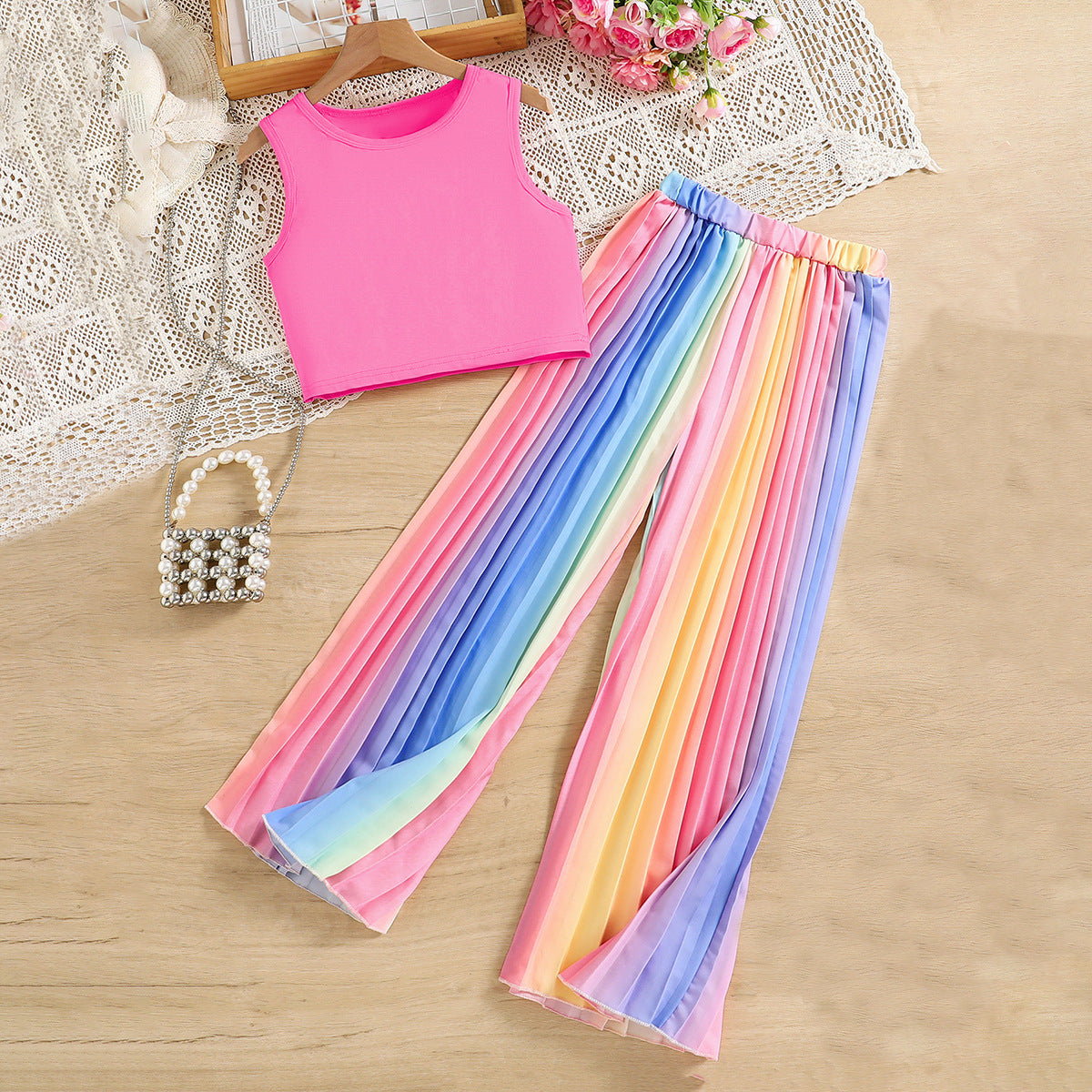 Summer Short Sleeveless Vest Color Gradient Pleated Trousers Teens Children's Suit