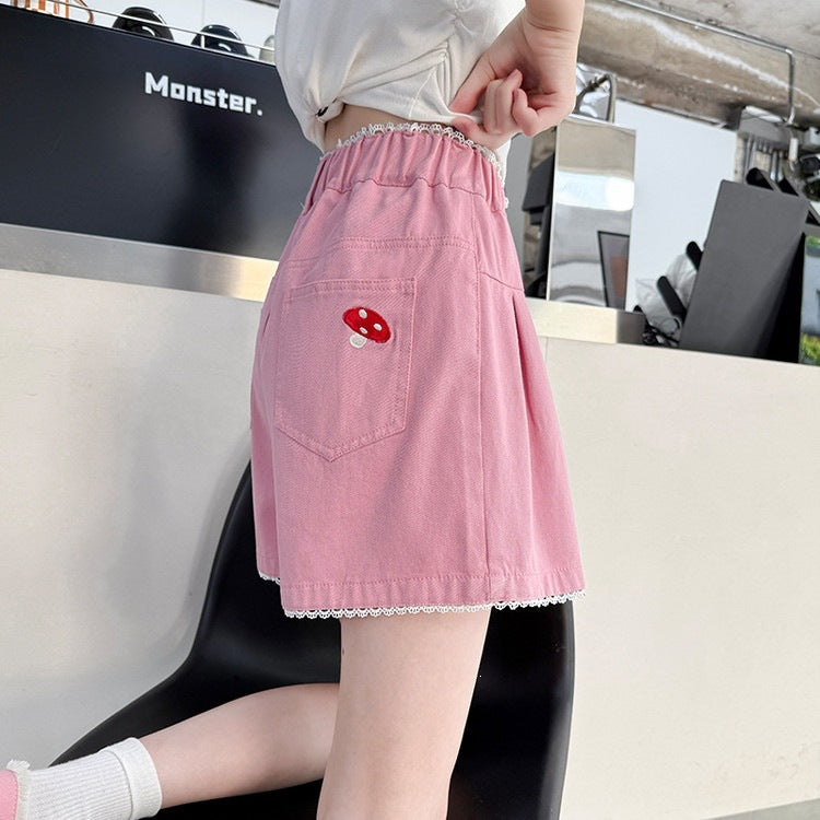 Summer Middle Big Mushroom Embroidery Lace Pleated Wide Children's Pants