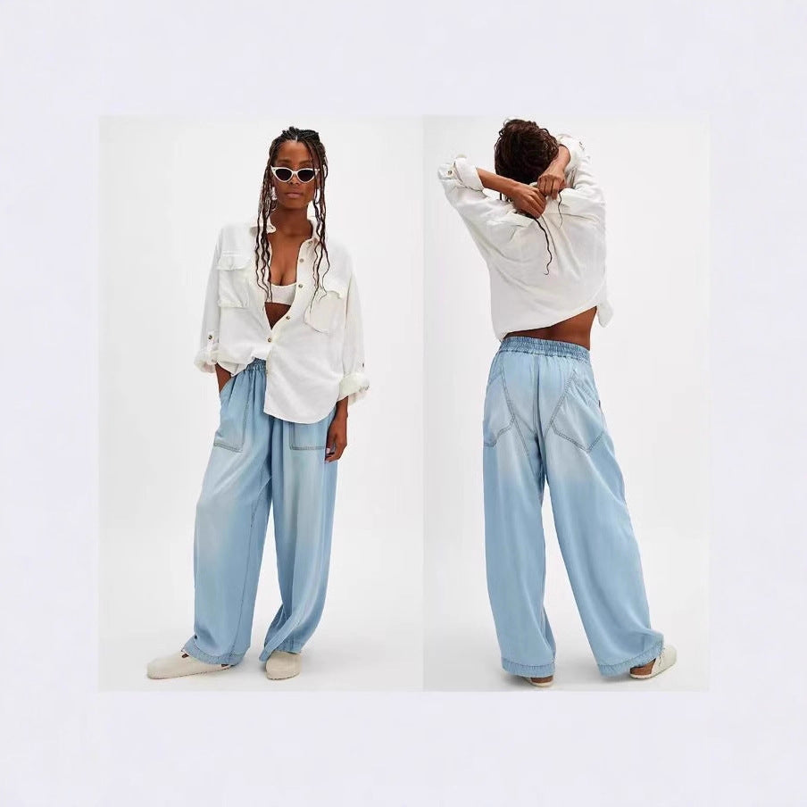 Women's Fashionable Draping Washed Straight Loose Casual Jeans