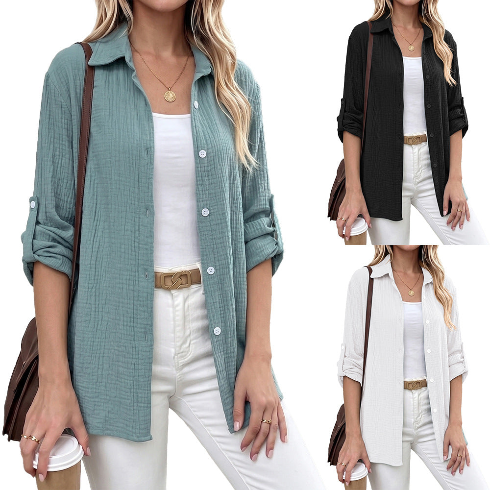Long Sleeve Lapel Button Shirt Cuff Blouse