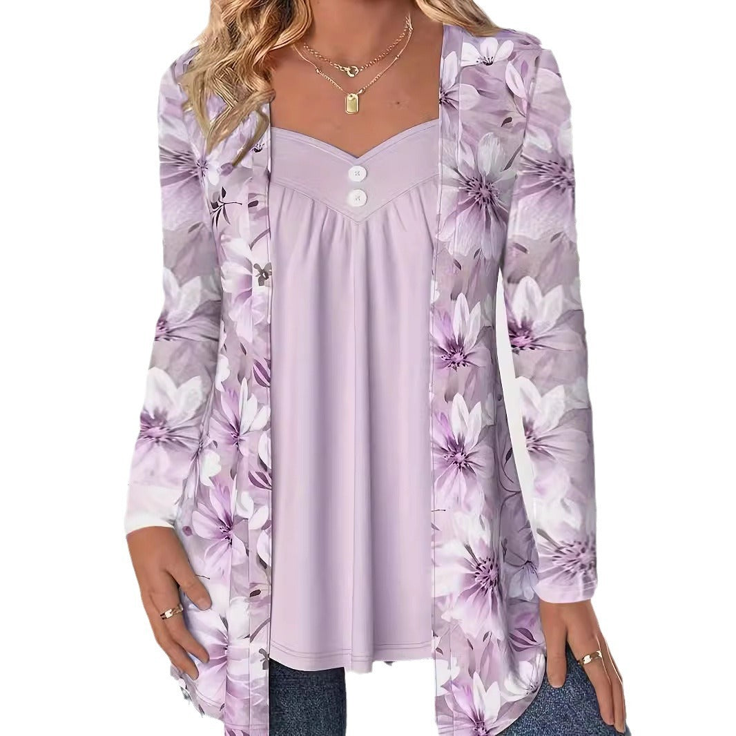 Women's Fake Two-piece Printed Fashion Button Long-sleeved Tops