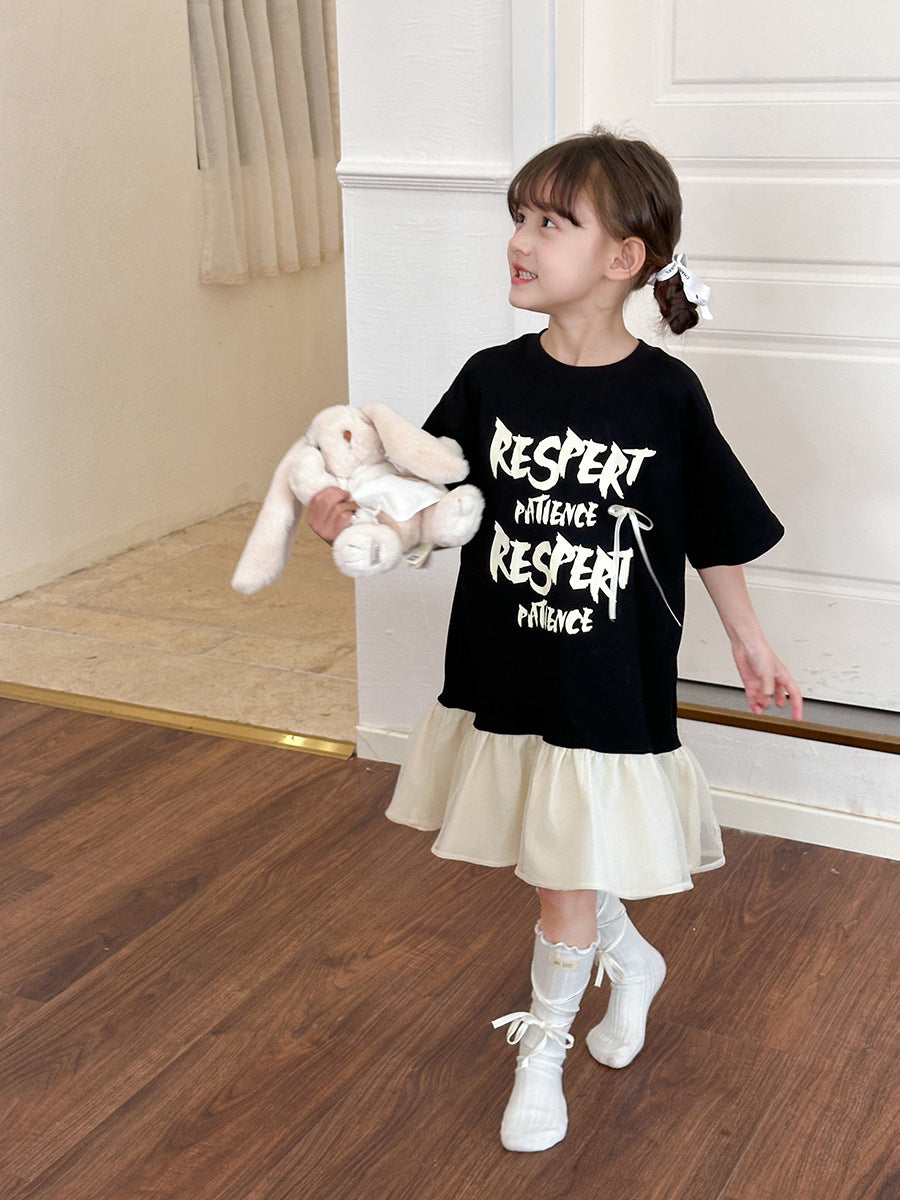 Fashionable T-shirt Bow Short-sleeved Letter Fake Children's Dress