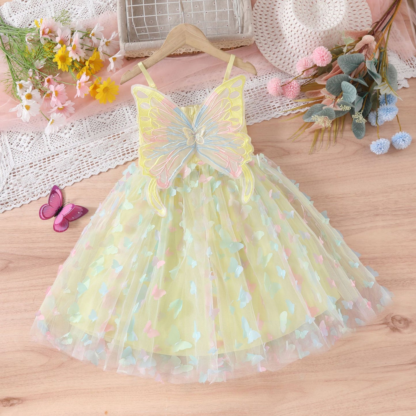 Children's Cotton Clothing Colorful Butterfly Summer Western Style Tulle Skirt Children's Dress