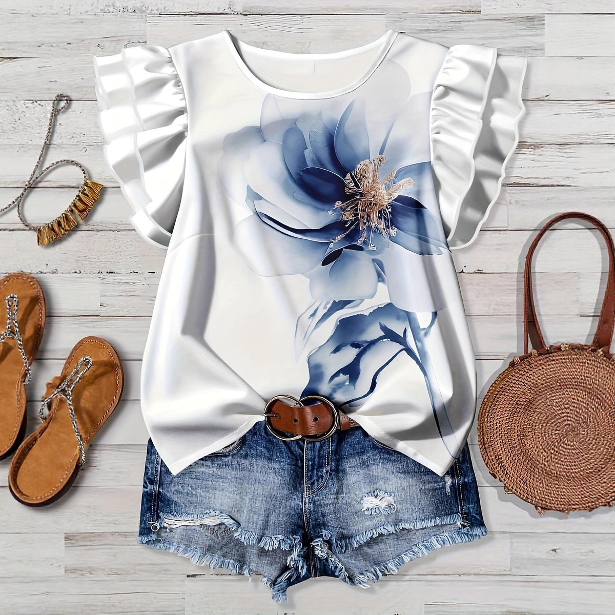 Summer Casual Fashion Floral Printed Round Large Size T-shirt