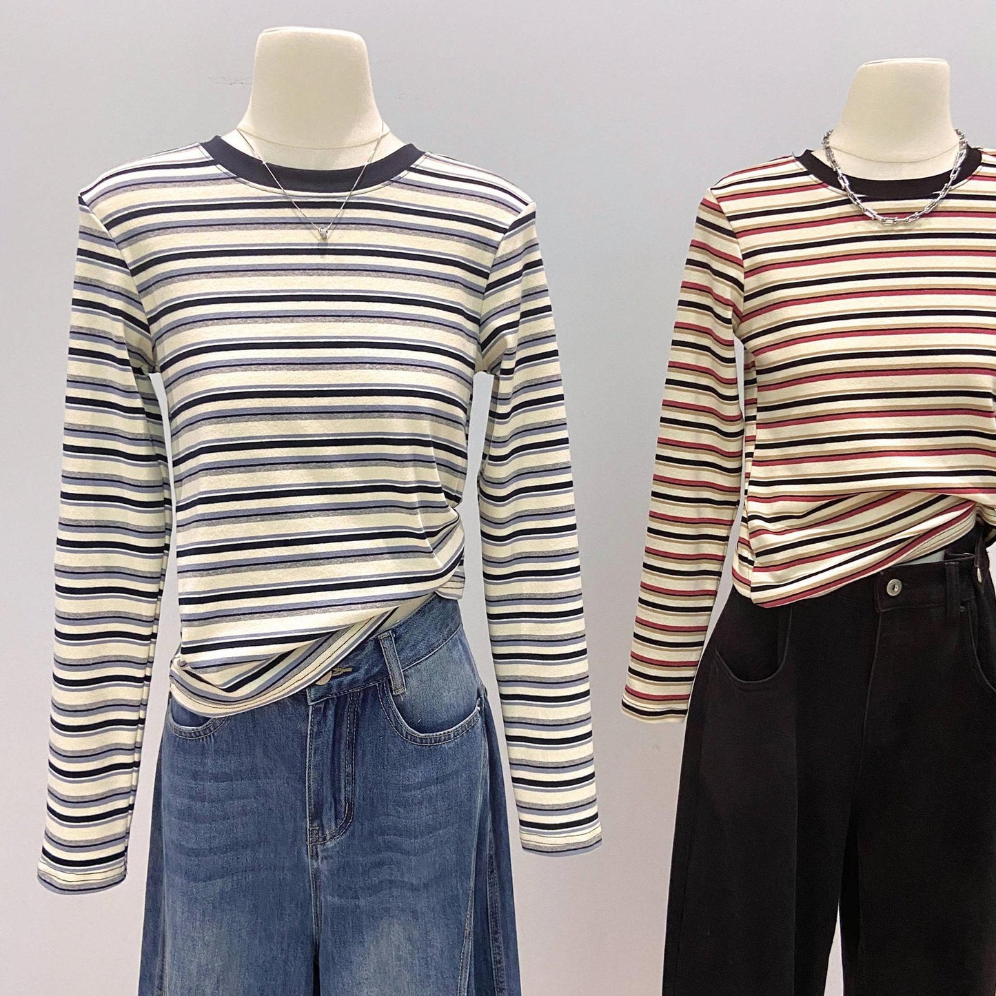 Women's Color Striped Spring Long-sleeved Bottoming Shirt Retro Warm Slim Fit Tops
