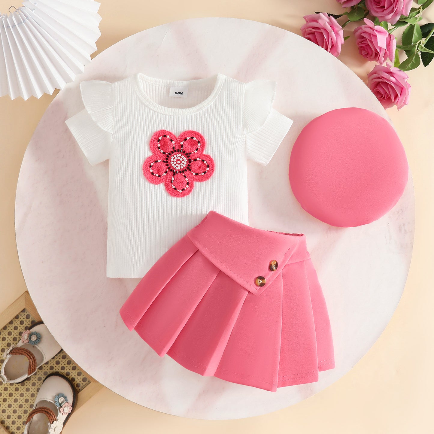Summer Fashion Short-sleeved Shirt Pleated Skirt Beret Flower Button Children's Suit