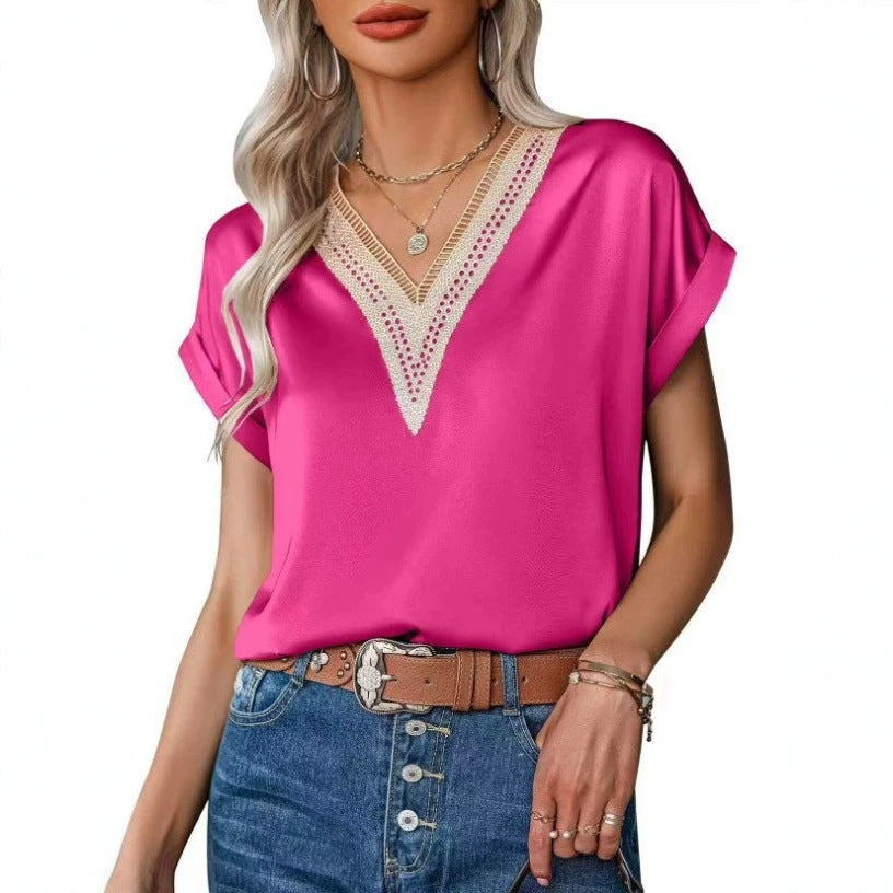 Women's Elegant Fashion Solid Color Lace Stitching Women's T-shirt