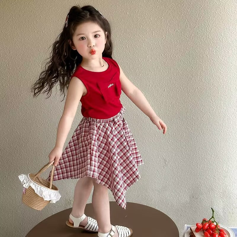 Children's Korean Style Western Skirt Medium Big Summer Short Vest Tartan Children's Suit