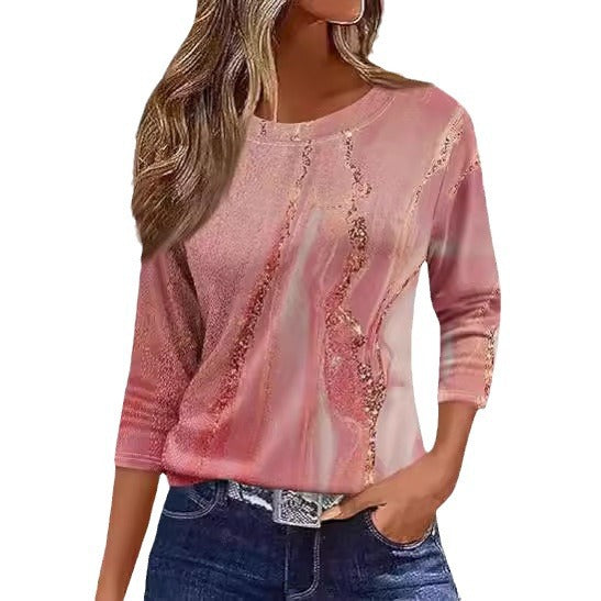 Women's Printed Solid Color Three-quarter Length Sleeve Long Women's T-shirt
