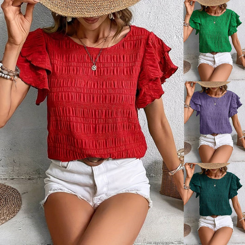 Women's Round Neck Double Ruffle Sleeve Casual Tops