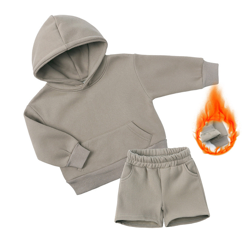 Children's Long-sleeved Sweater Shorts Two-piece Set Solid Color Boys Thickening Exercise Children's Suit