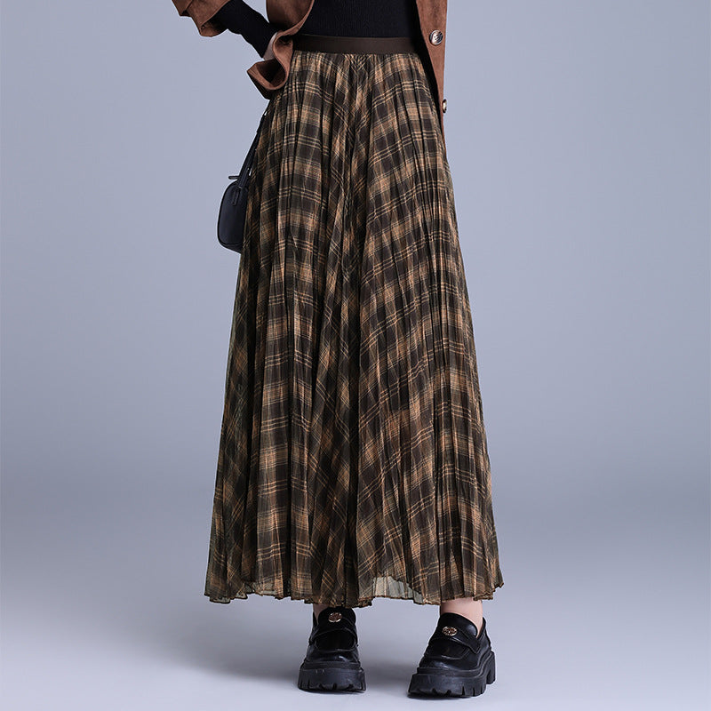 Korean Style Pleated Rhombus Encryption Yarn Elastic Waist High Skirts