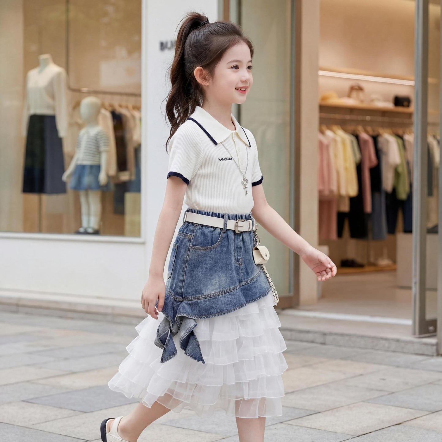 Sleeve Oblique Denim Skirt Two-piece Fashion Children's Suit