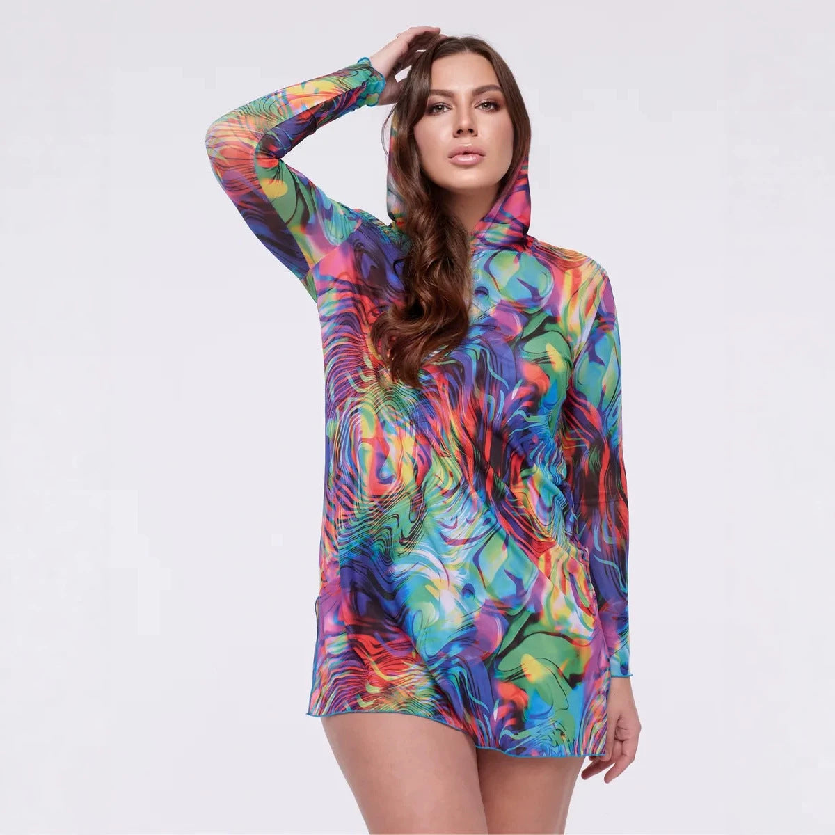 Women's Long Sleeve Mesh Tight Pleated Mini Lace Shirt, Chiffon Shirt