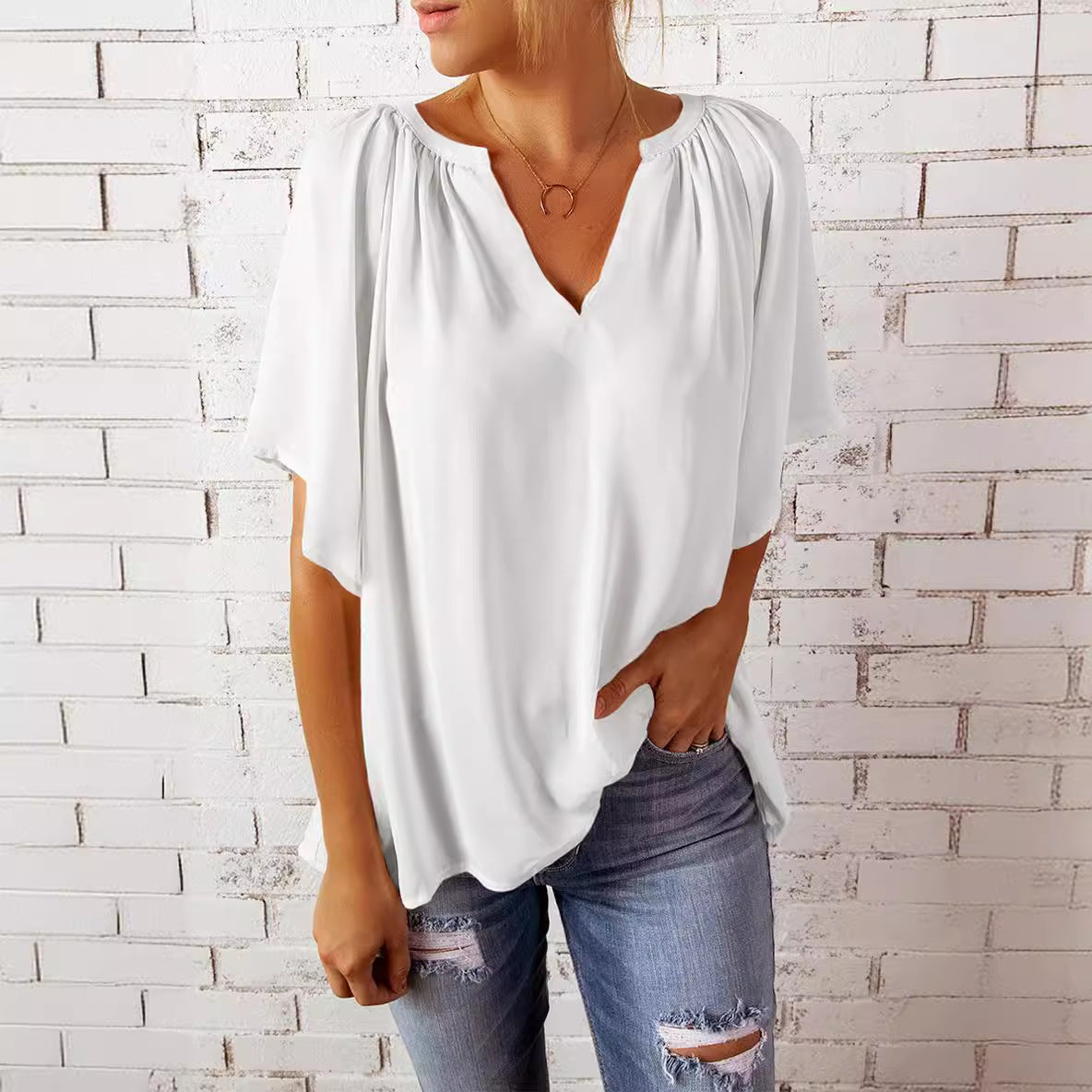 Women's Summer Loose Half Sleeve T-shirt Pullover Lace Shirt, Chiffon Shirt
